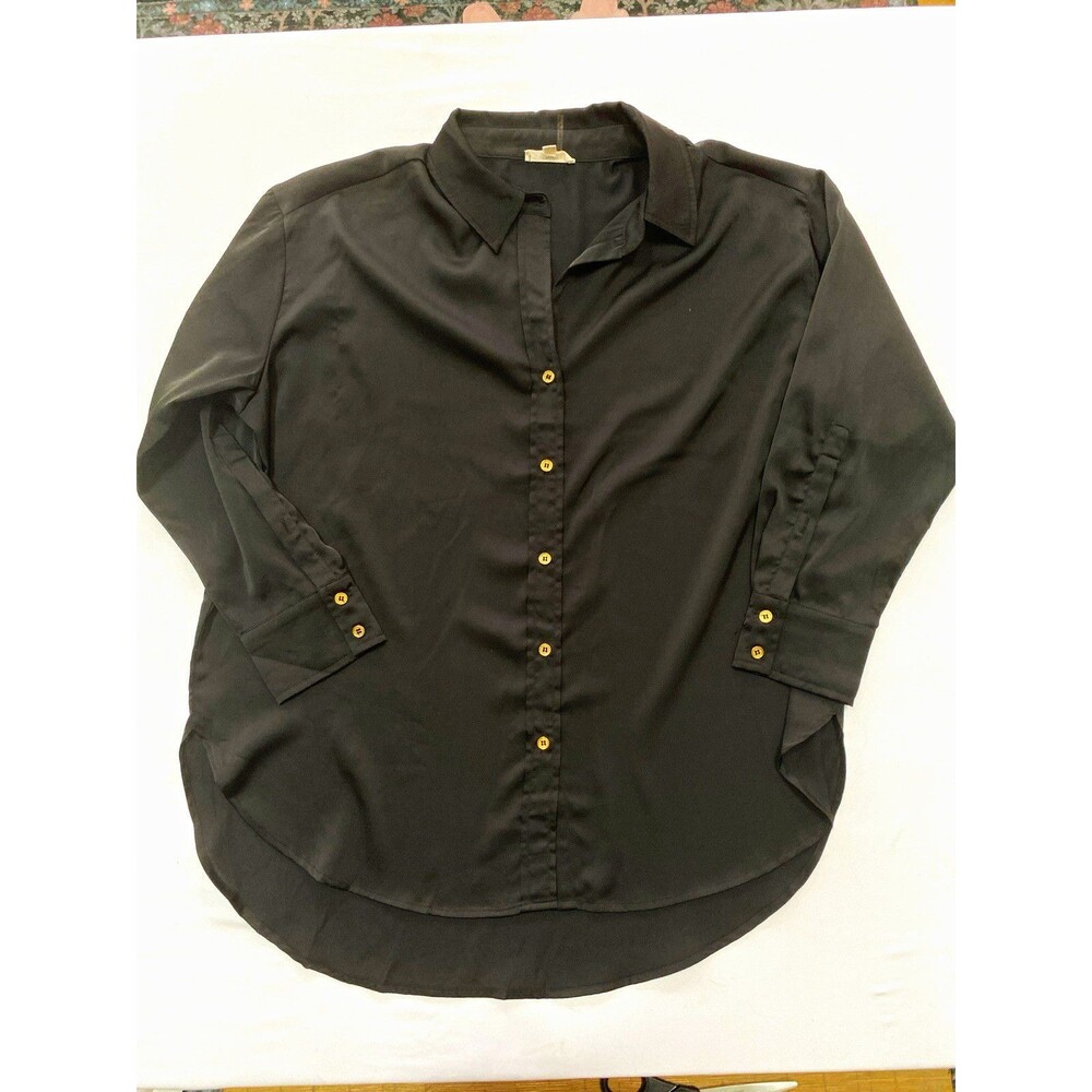 entro Womens L Black Solid Collared Long Sleeve Button-Up Top Button Front